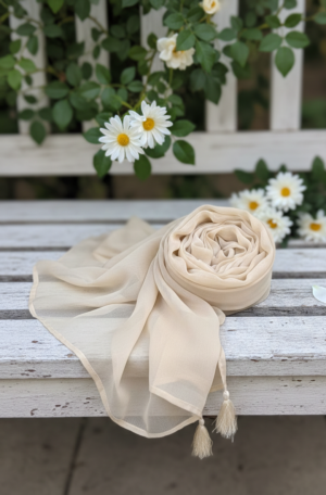 Warm Cream Beige Chiffon Dupatta | Pearl-Tipped Tassels | 3.75 Gaz Extra-Long Traditional Drape