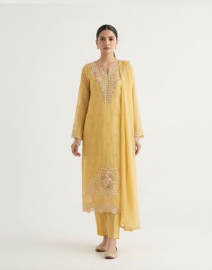 3Pcs Embroidered Chikankari Lawn Suit – Mustard