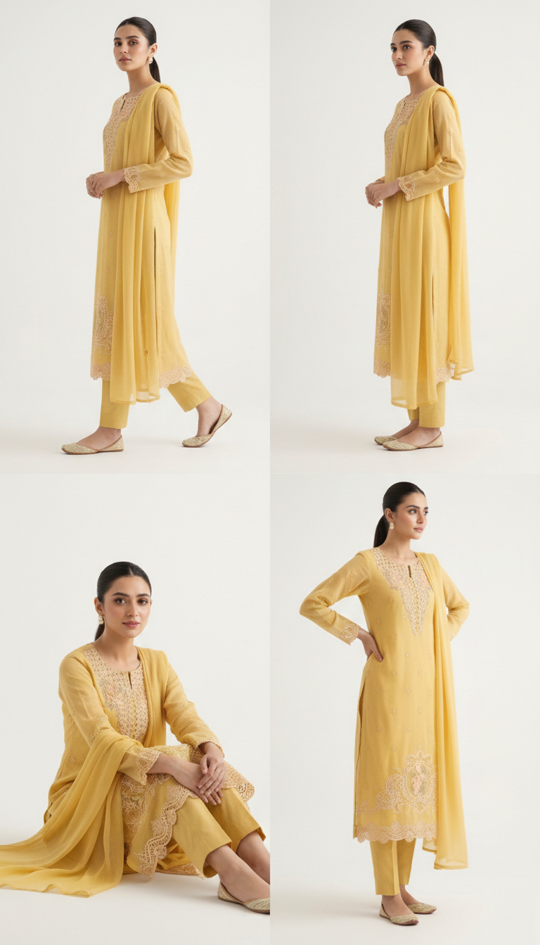 3Pcs Embroidered Chikankari Lawn Suit – Mustard - Image 2