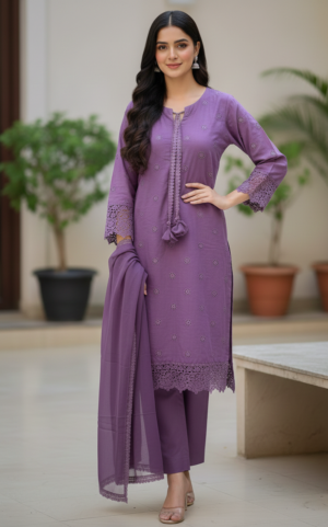 3Pcs Embroidered Chikankari Lawn Suit-Purple Muave