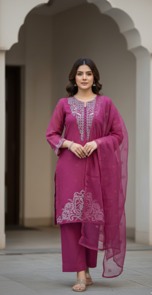 3Pcs Embroidered Chikankari Lawn Suit-Fuchsia Pink