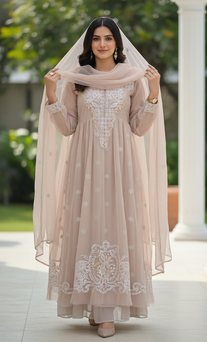 3Pcs Embroidered Chikankari Lawn Suit-Beige