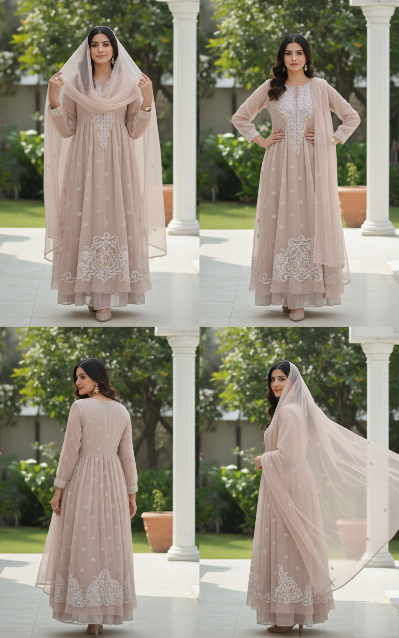 3Pcs Embroidered Chikankari Lawn Suit-Beige - Image 2