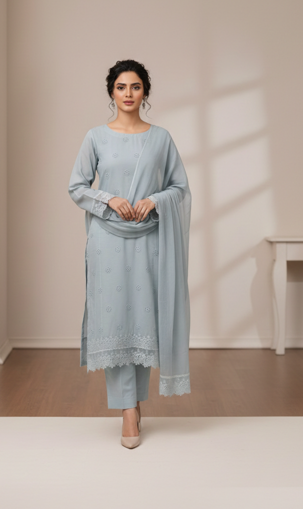 3Pcs Embroidered Chikankari Lawn Suit-Ice Blue