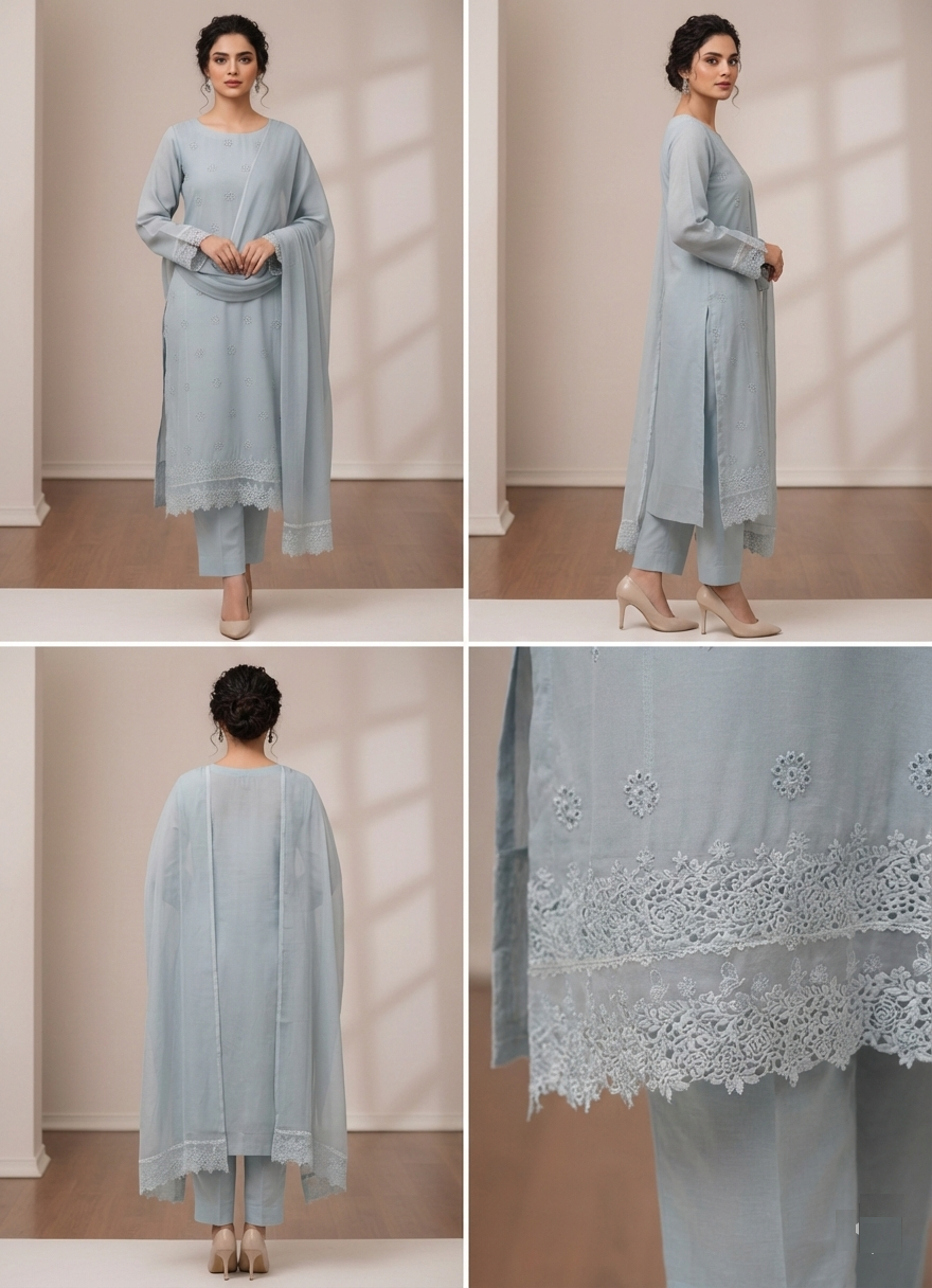 3Pcs Embroidered Chikankari Lawn Suit-Ice Blue - Image 2