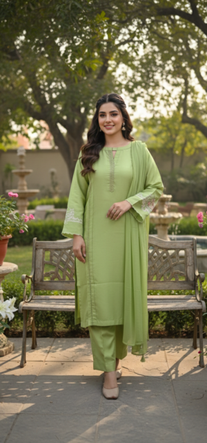 Embroidered Viscose Suit – Pastel Green