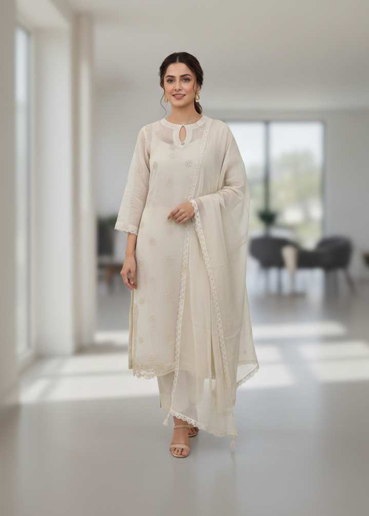 Embroidered Chikankari Lawn Suit – Off White
