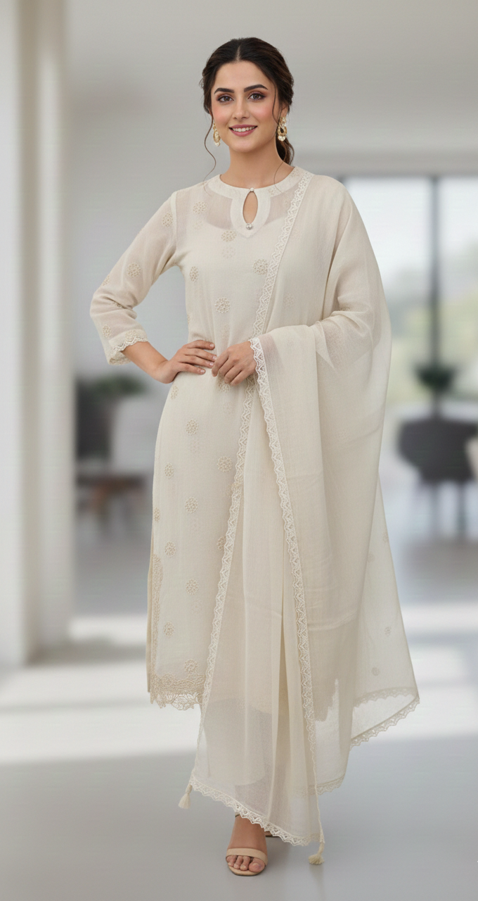Embroidered Chikankari Lawn Suit – Off White - Image 2
