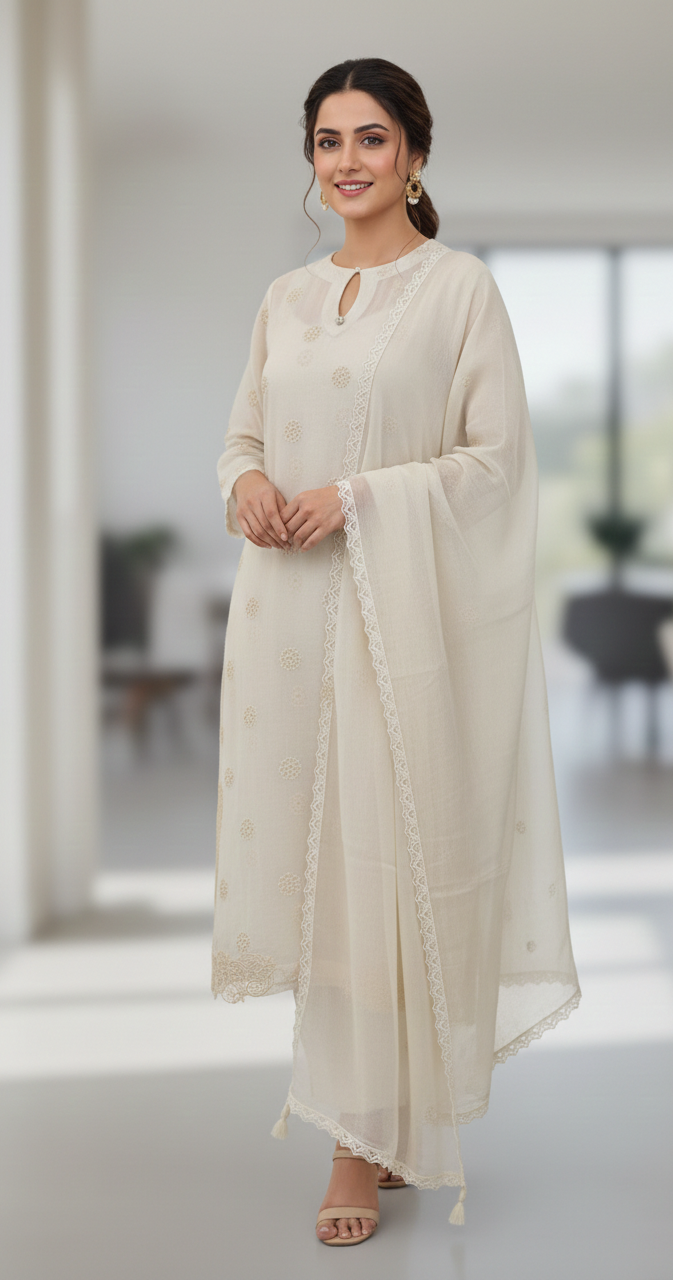 Embroidered Chikankari Lawn Suit – Off White - Image 3