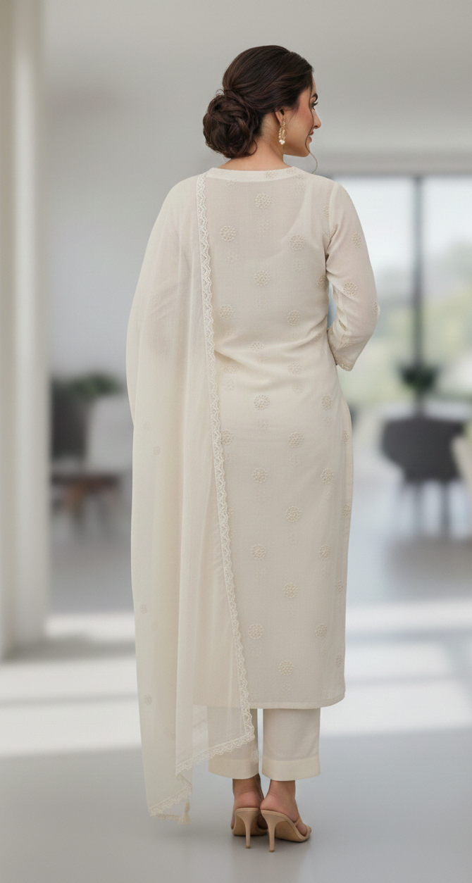 Embroidered Chikankari Lawn Suit – Off White - Image 4