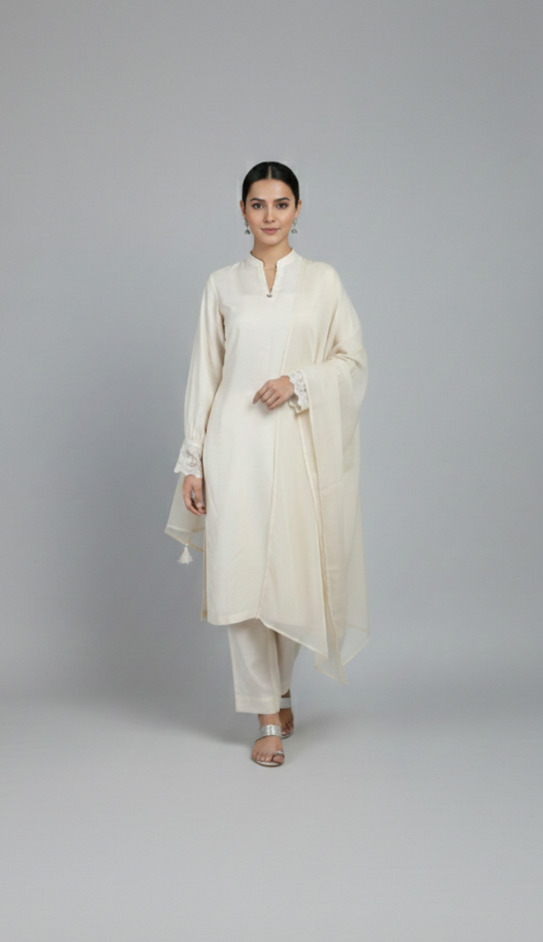 Embroidered Viscose Suit – Off White