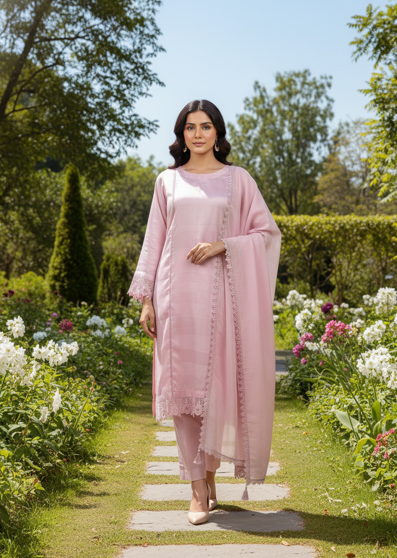 Embroidered Loir Lawn Silk Suit – Blush Pink