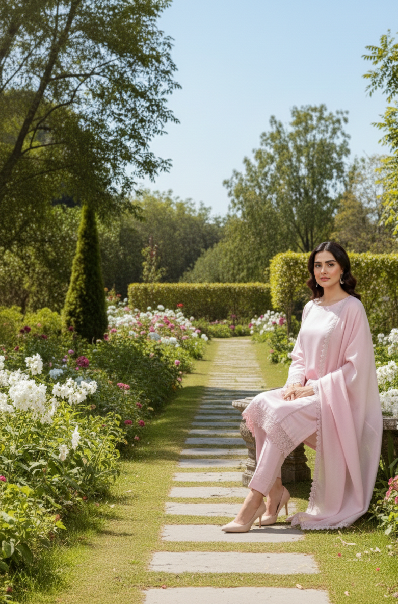 Embroidered Loir Lawn Silk Suit – Blush Pink - Image 2