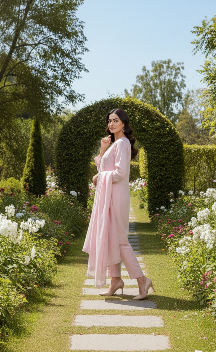 Embroidered Loir Lawn Silk Suit – Blush Pink - Image 3
