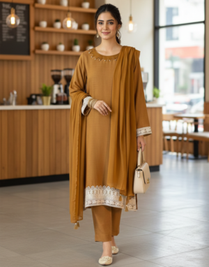 Embroidered Viscose Suit – Mustard