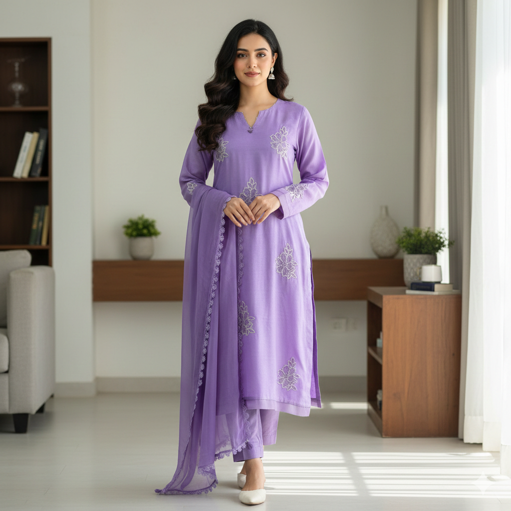 Embroidered Loir Lawn Silk Suit-Soft Lavender