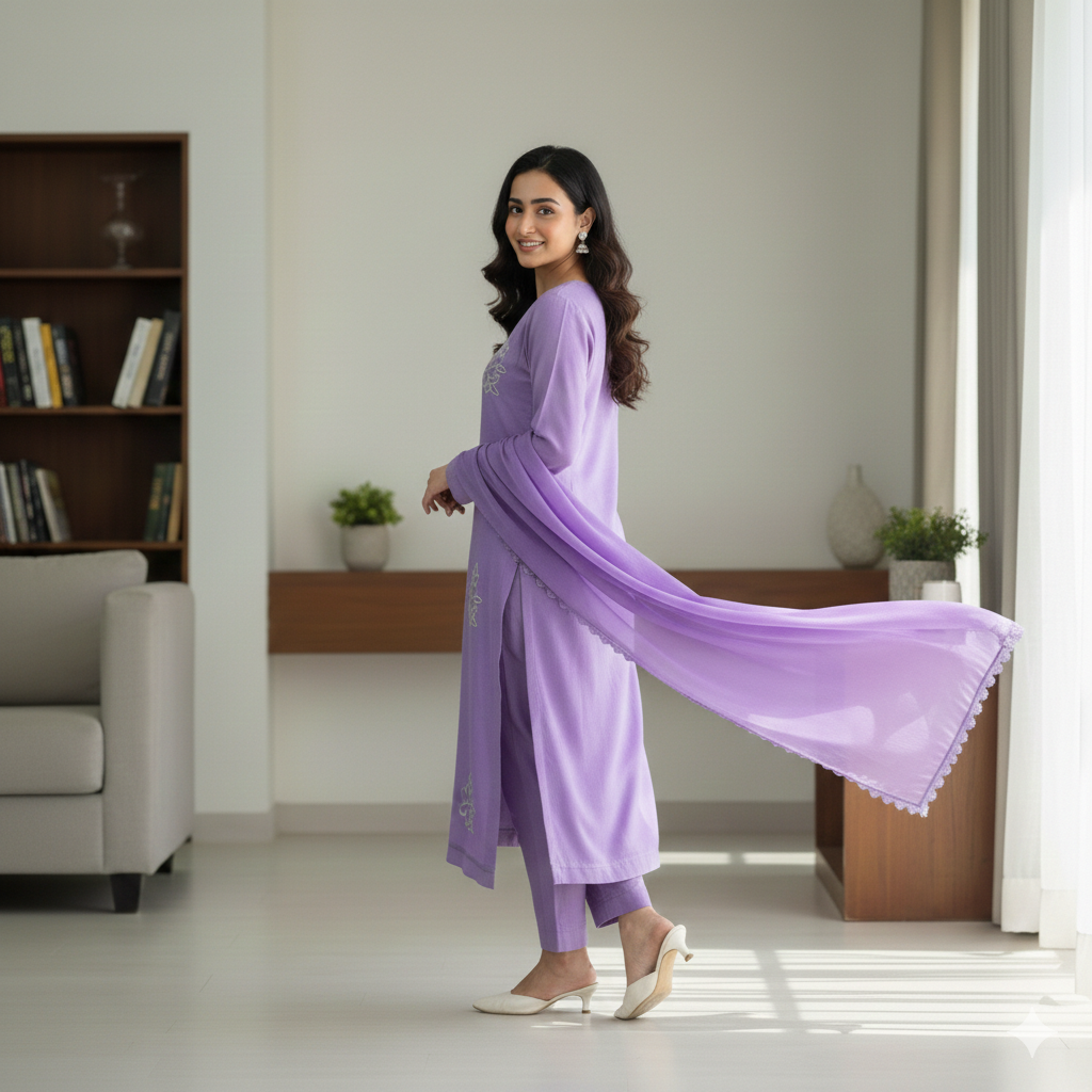 Embroidered Loir Lawn Silk Suit-Soft Lavender - Image 3