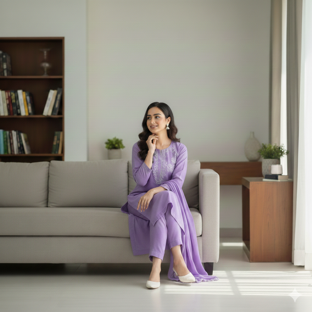 Embroidered Loir Lawn Silk Suit-Soft Lavender - Image 4