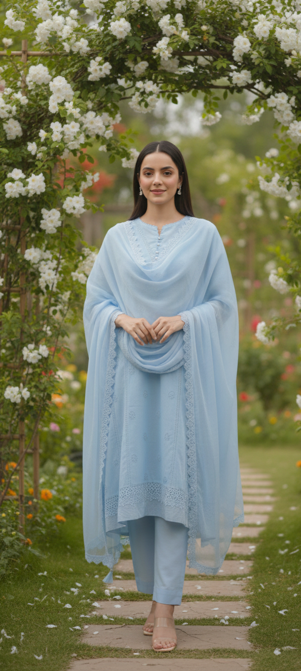 Embroidered Chikankari Lawn Suit – Ice Blue