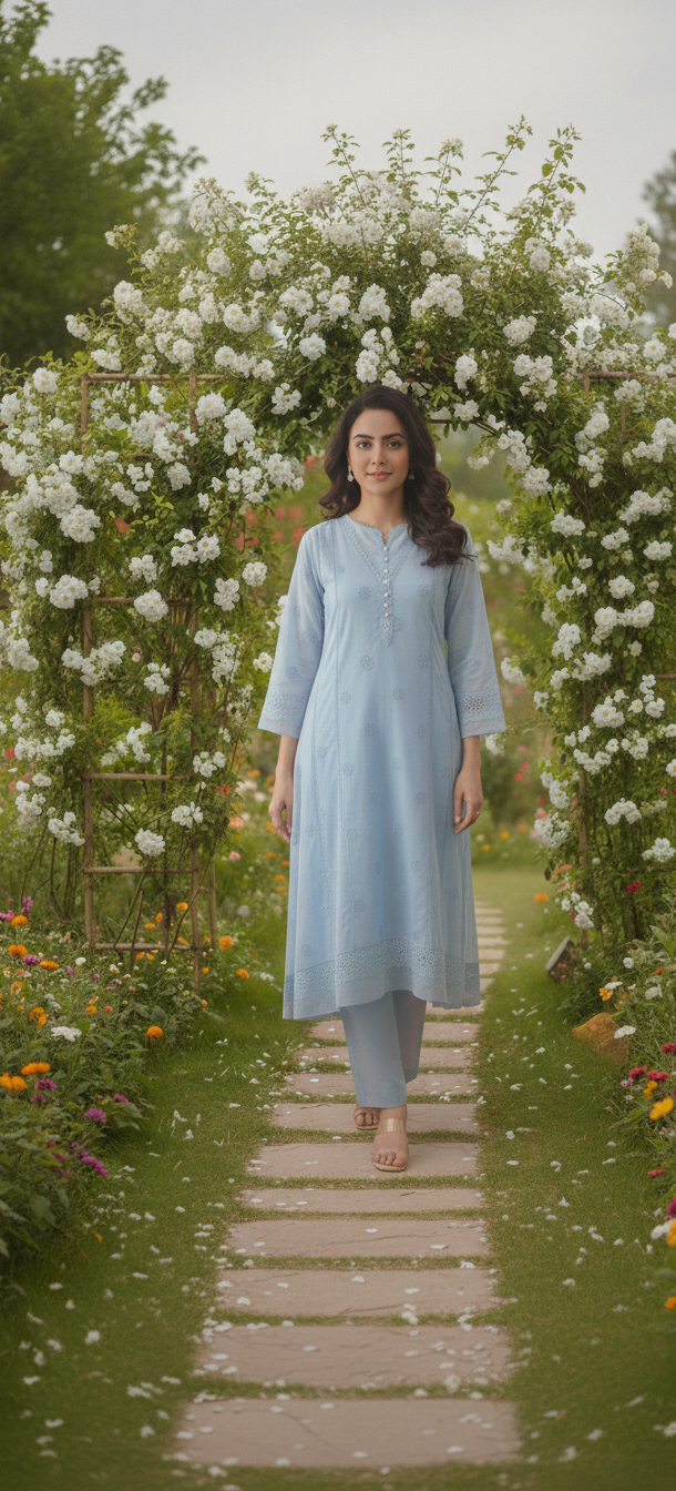 Embroidered Chikankari Lawn Suit – Ice Blue - Image 3