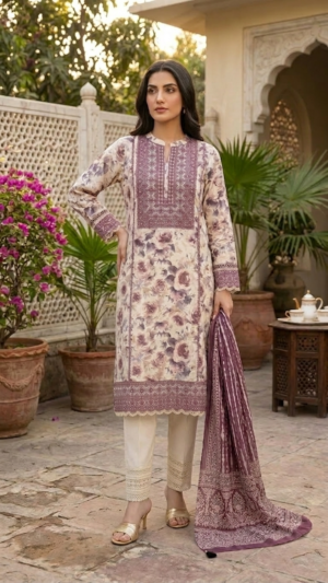 3 PIECE-EMBROIDERED COTTON SATIN SUIT